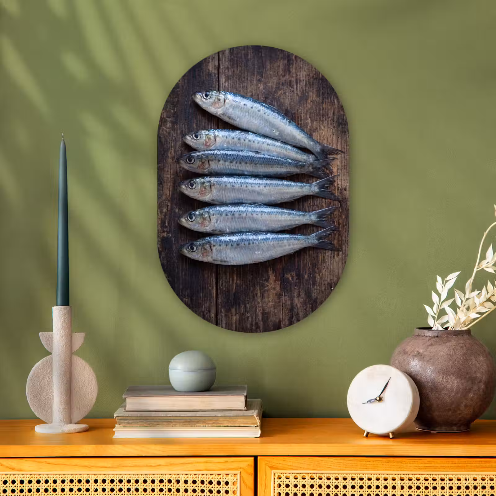 Muurovaal - Vis - Hout - Eten - Vis - Hout - Eten Wandcirkel Ovaal Forex klein