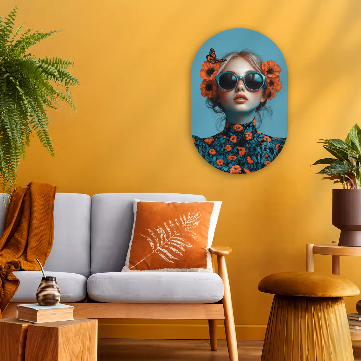 Vrouw - Blauw - Vlinder - Bloemen - Aesthetic Wandcirkel Ovaal Forex klein -sfeer4