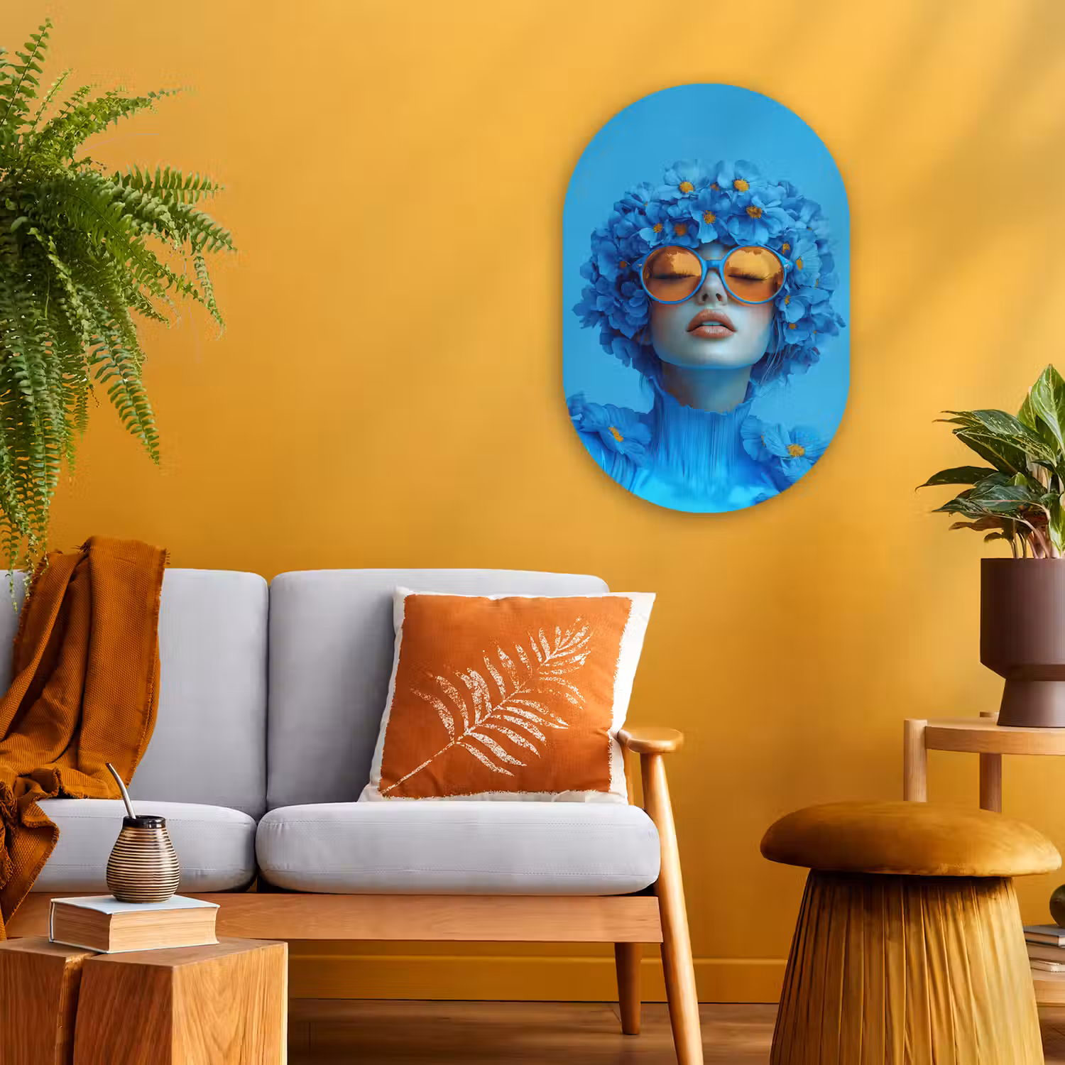 Vrouw - Bloem - Blauw - Modern - Bril - Portret Wandcirkel Ovaal Forex klein -sfeer4