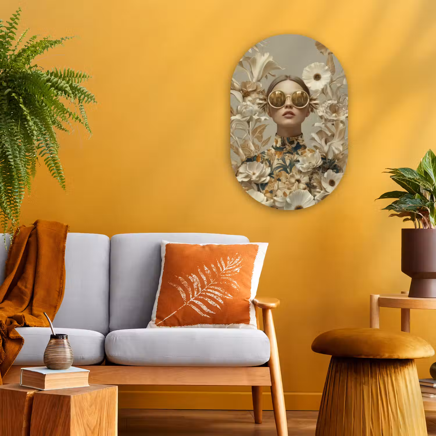 Vrouw - Bloemen - Zonnebril - Wit Wandcirkel Ovaal Forex klein -sfeer4