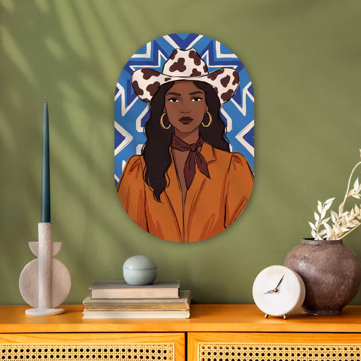 Vrouw - Cowboyhoed - Portret - Modern - Blauw Wandcirkel Ovaal Forex klein -sfeer2
