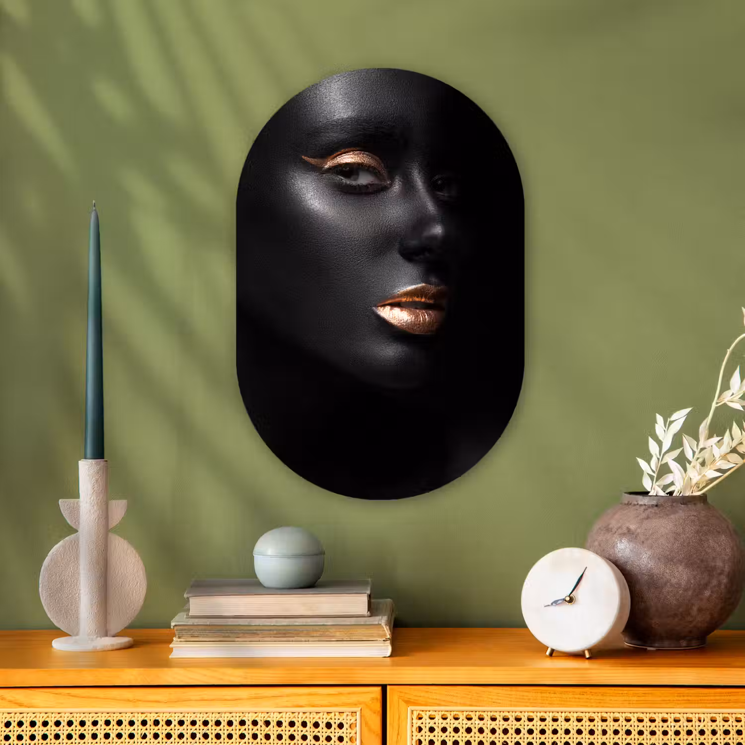 Vrouw - Make-up - Koper - Zwart Wandcirkel Ovaal Forex klein -sfeer2