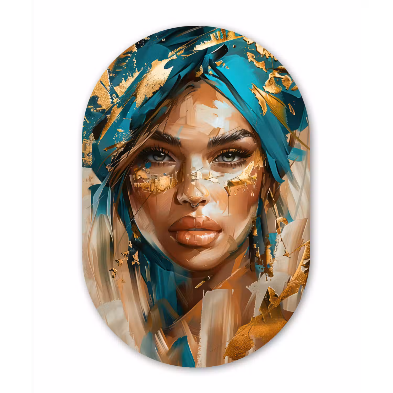 Vrouw - Portret - Goud - Luxe - Blauw Wandcirkel Ovaal Forex klein -3d