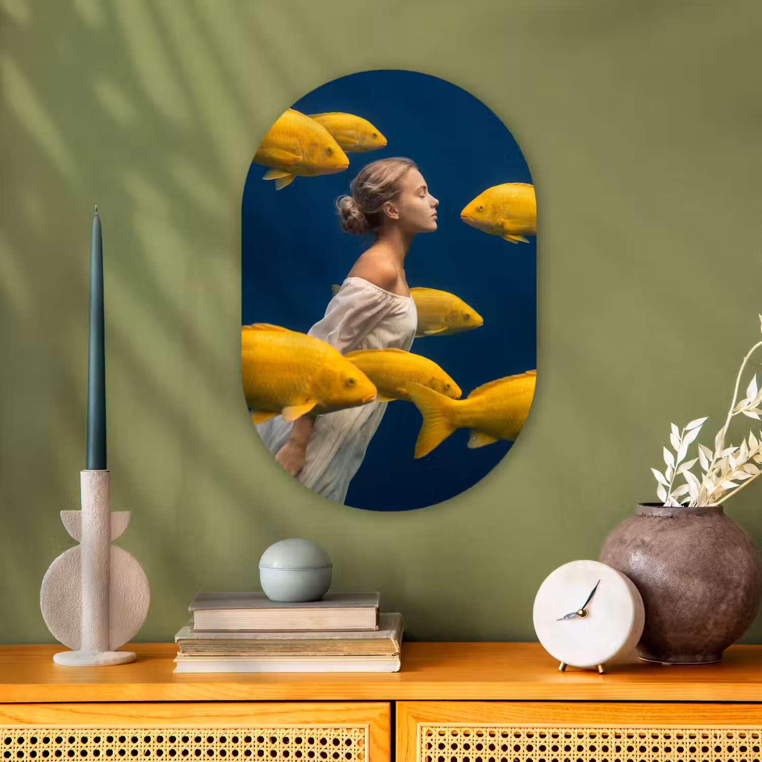 Vrouw - Vis - Water - Natuur - Geel Wandcirkel Ovaal Forex klein -sfeer2