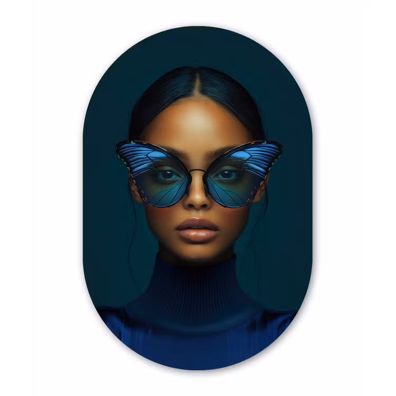 Vrouw - Vlinder - Bril - Blauw - Modern - Portret Wandcirkel Ovaal Forex klein -3d