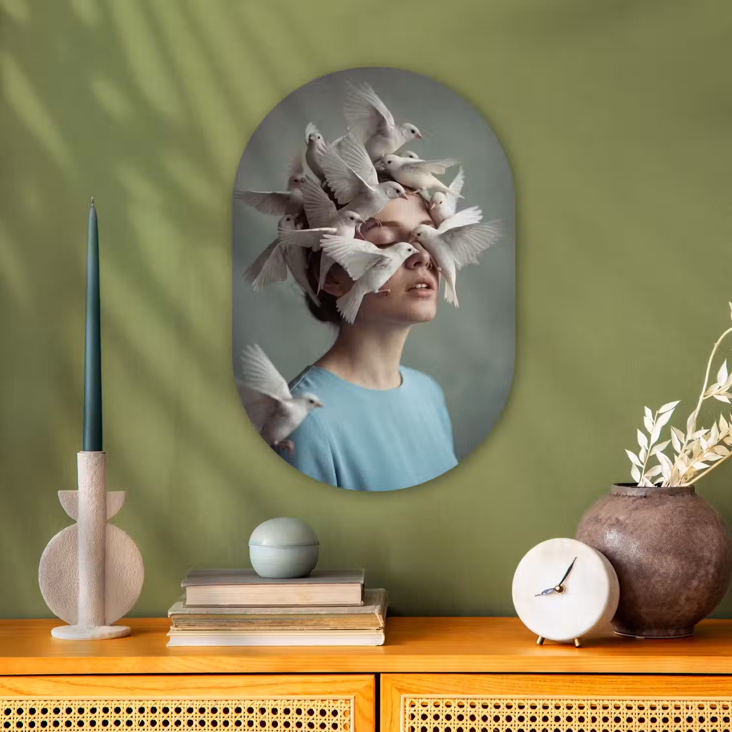 Vrouw - Vogels - Abstract - Modern - Wit Wandcirkel Ovaal Forex klein -sfeer2