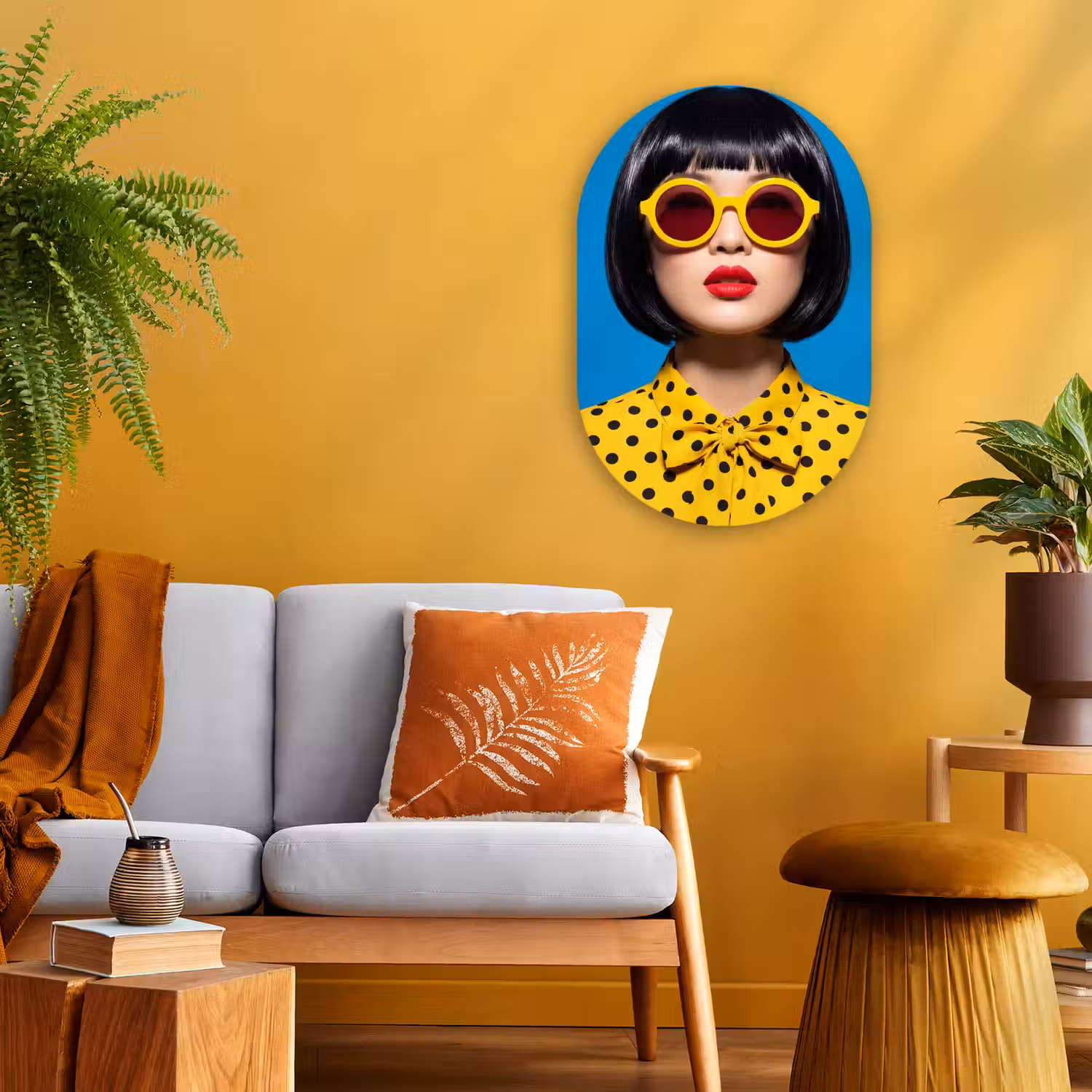Vrouw - Zonnebril - Pop Art - Portret - Geel Wandcirkel Ovaal Forex klein -sfeer4