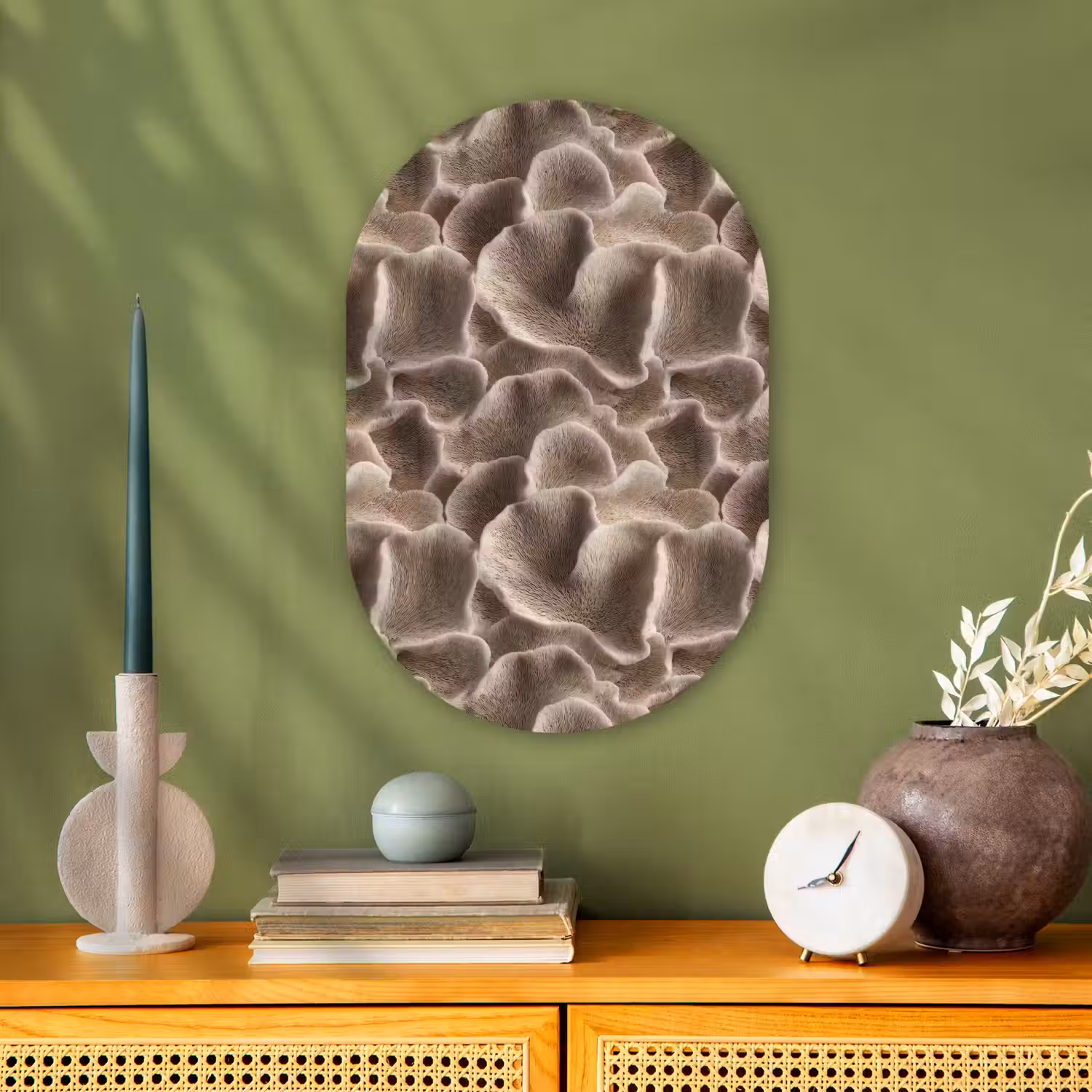 Waaiervorm - Beige - Vezel textuur Wandcirkel Ovaal Forex klein 630 -sfeer2