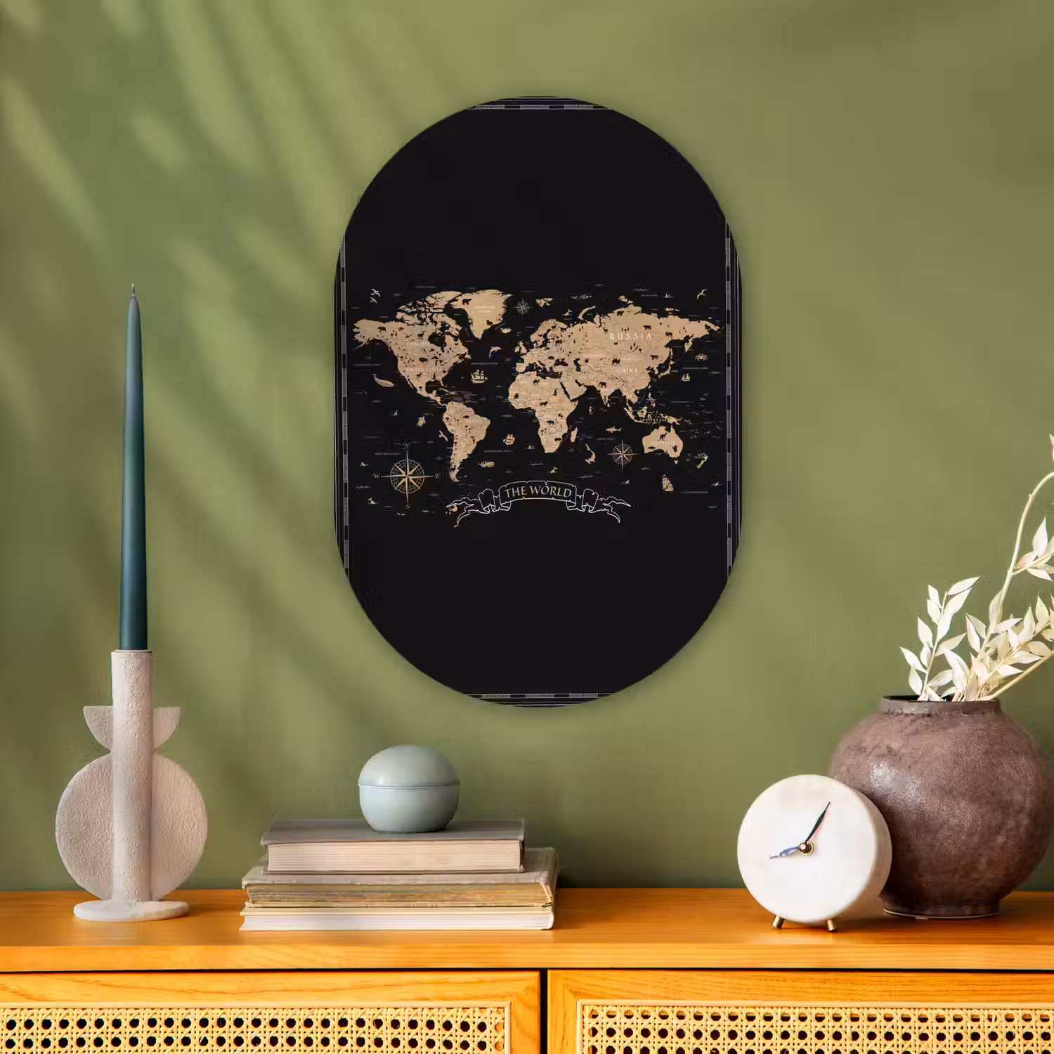 Wereldkaart - Beige - Zwart Wandcirkel Ovaal Forex klein -sfeer2
