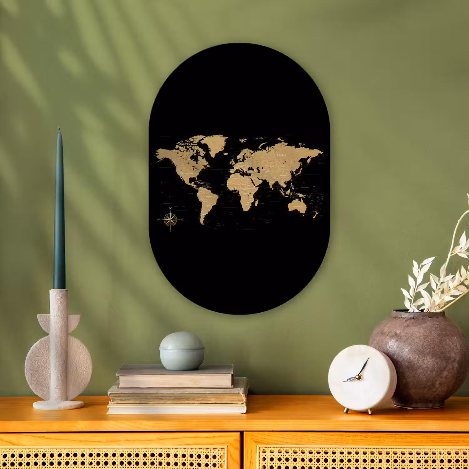 Wereldkaart - Beige - Zwart Wandcirkel Ovaal Forex klein -sfeer2