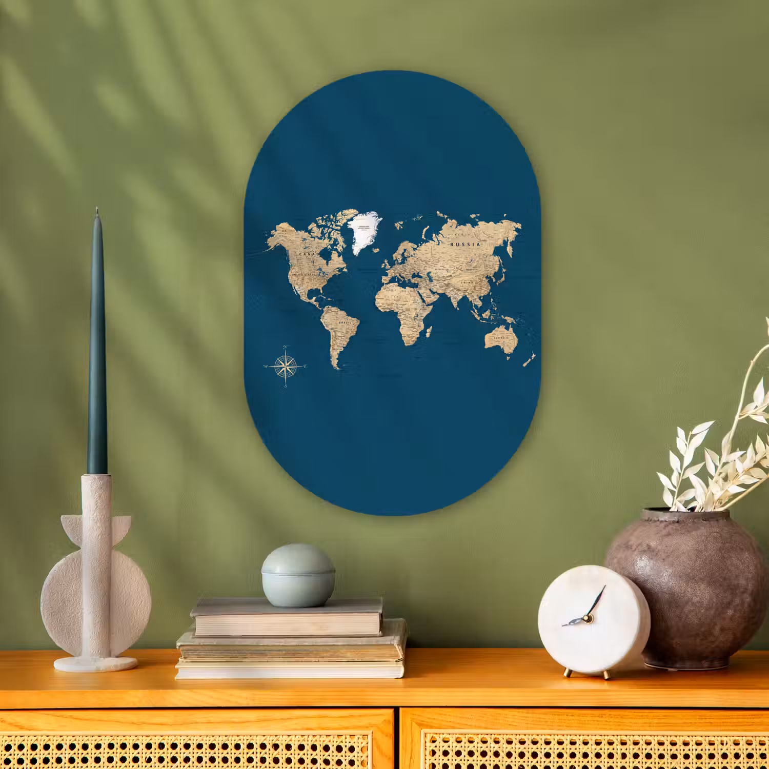 Wereldkaart - Donkerblauw - Beige Wandcirkel Ovaal Forex klein -sfeer2