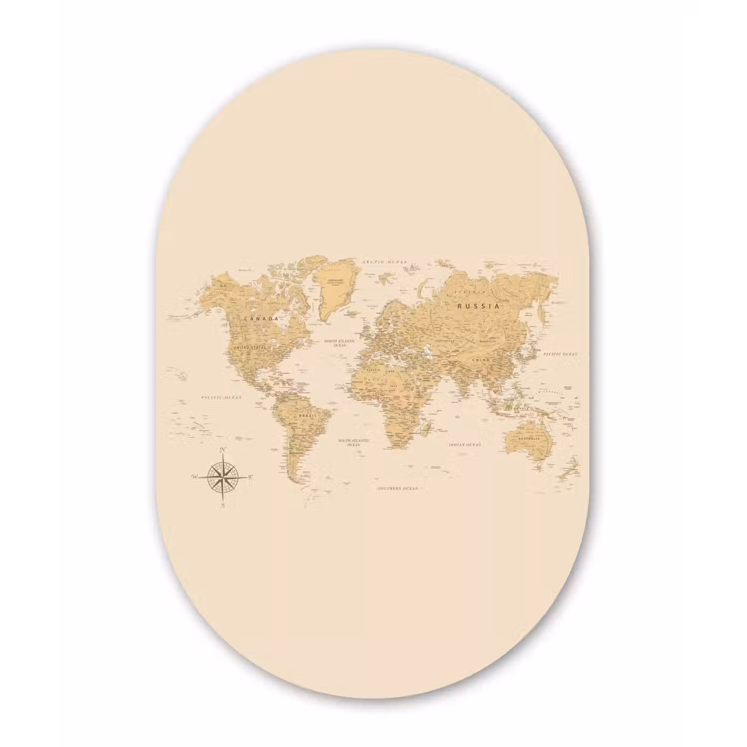 Wereldkaart - Realistisch - Beige Wandcirkel Ovaal Forex klein -3d