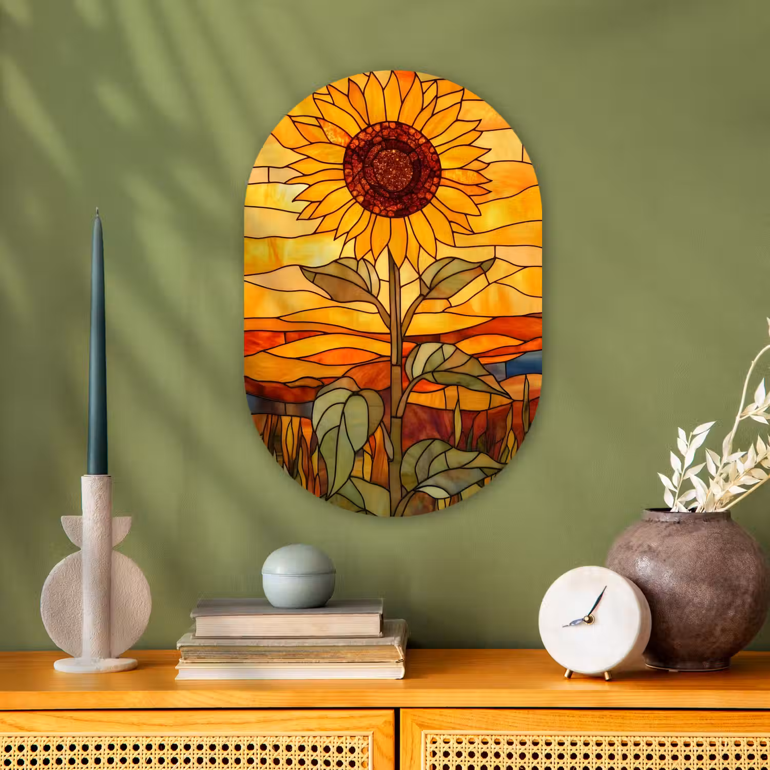 Zonnebloem - Mozaïek - Zonsondergang - Geel Wandcirkel Ovaal Forex klein -sfeer2
