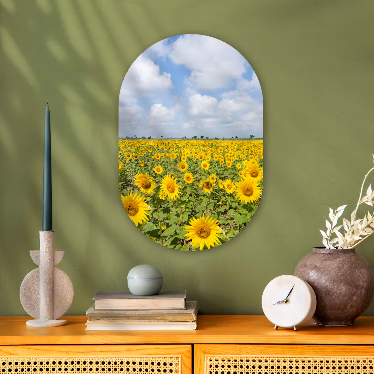 Zonnebloemen - Wolken - Natuur Wandcirkel Ovaal Forex klein -sfeer2