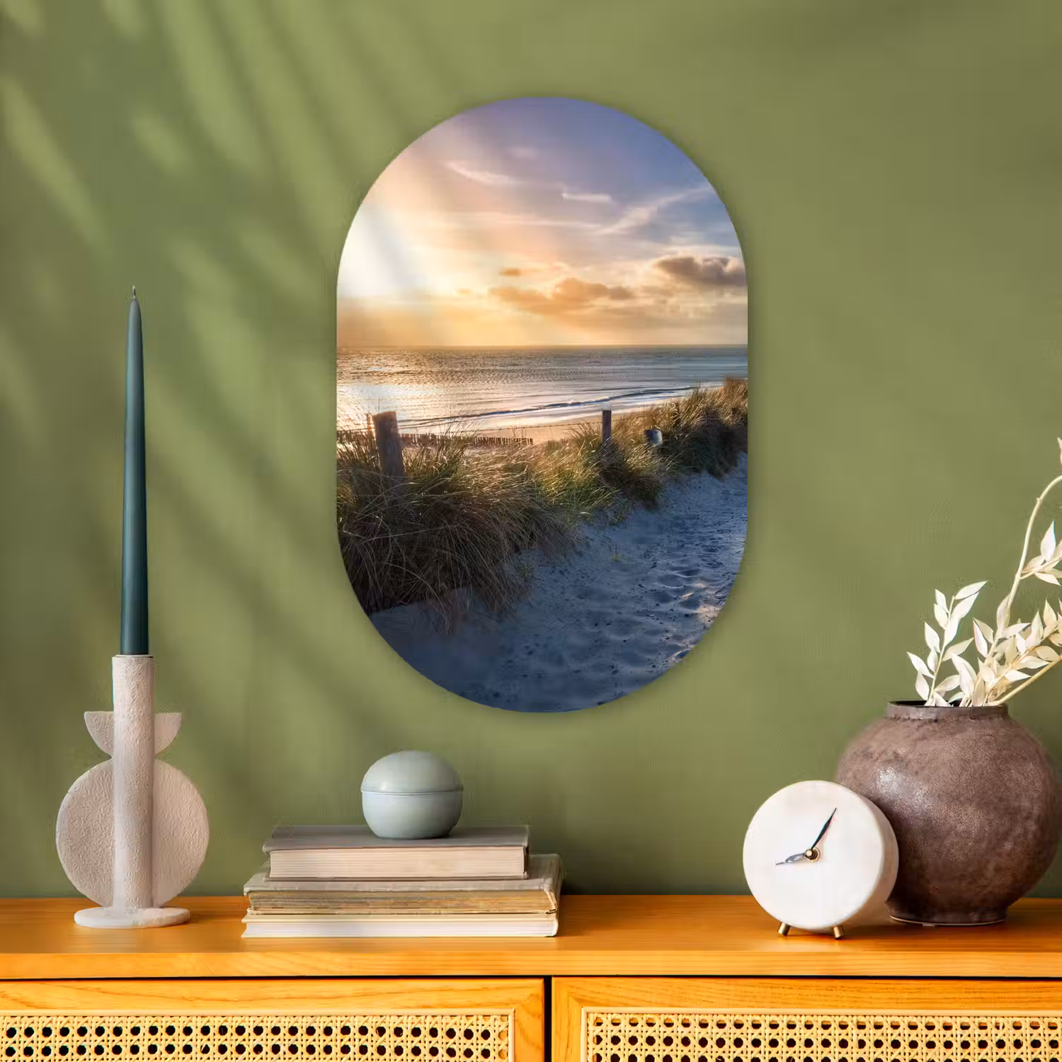 Zonsondergang - Strand - Duin - Gras - Bank Wandcirkel Ovaal Forex klein -sfeer2