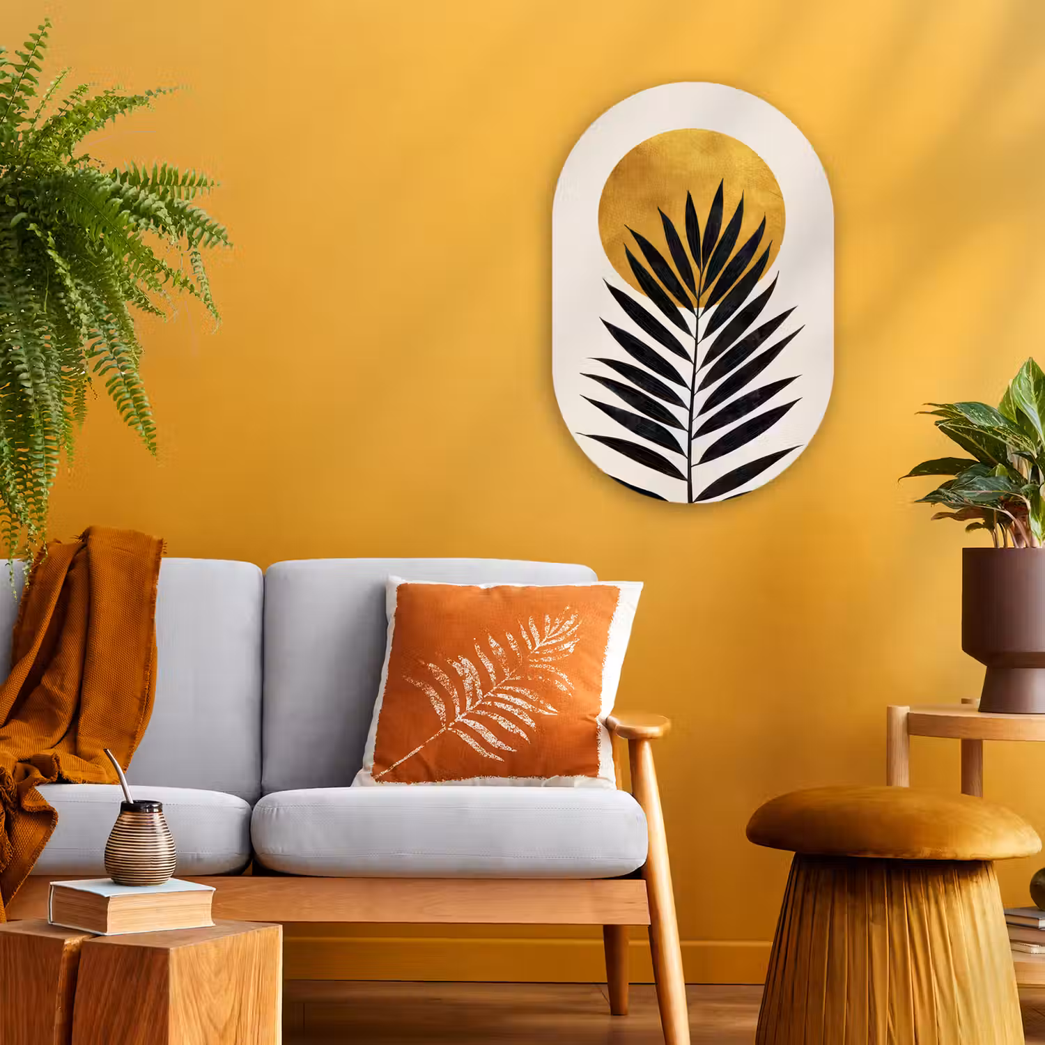Zwart palmblad - Gouden cirkel - Beige achtergrond Wandcirkel Ovaal Forex klein -sfeer4