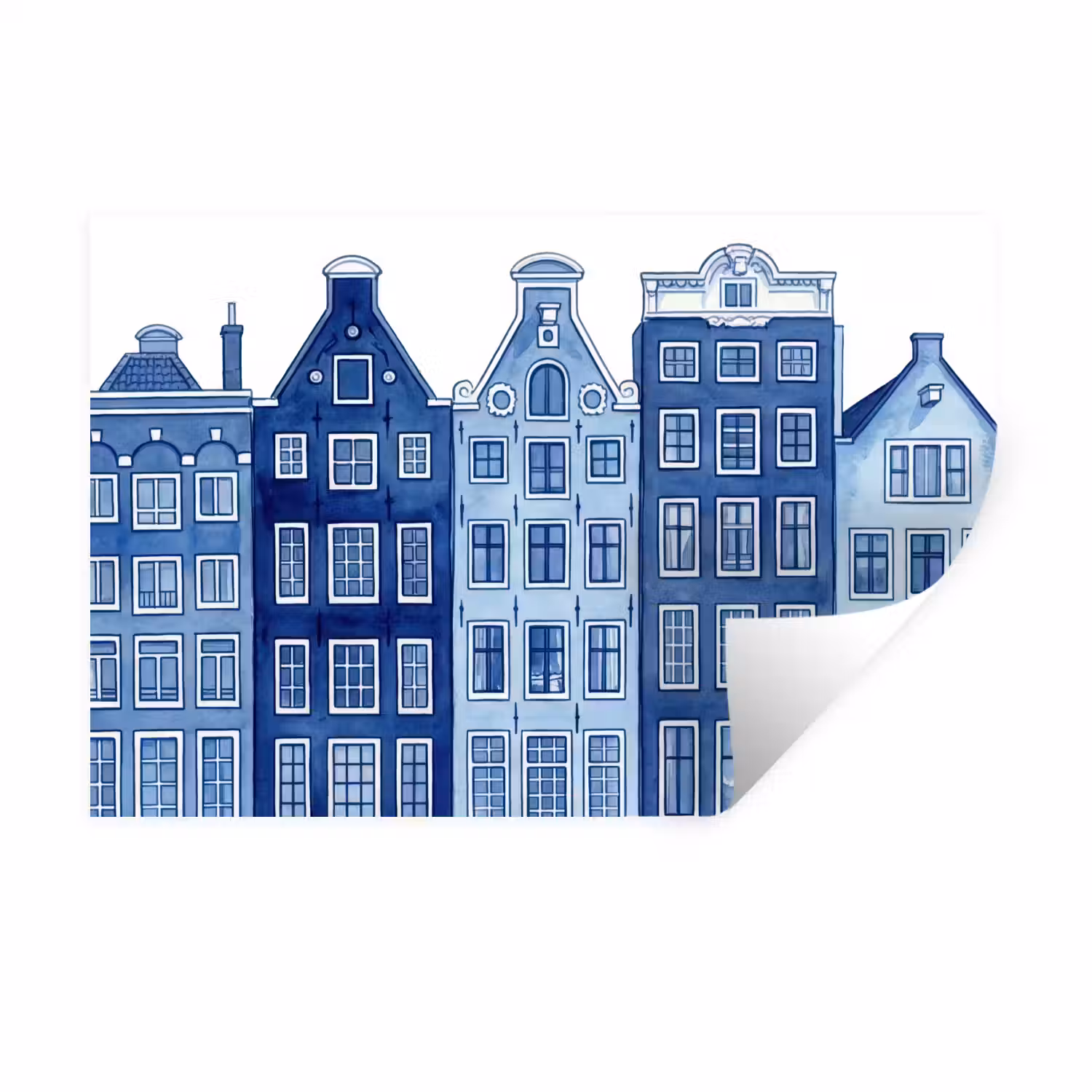 Aquarel - Grachtenpanden - Delfts - Blauw Muursticker klein -3d