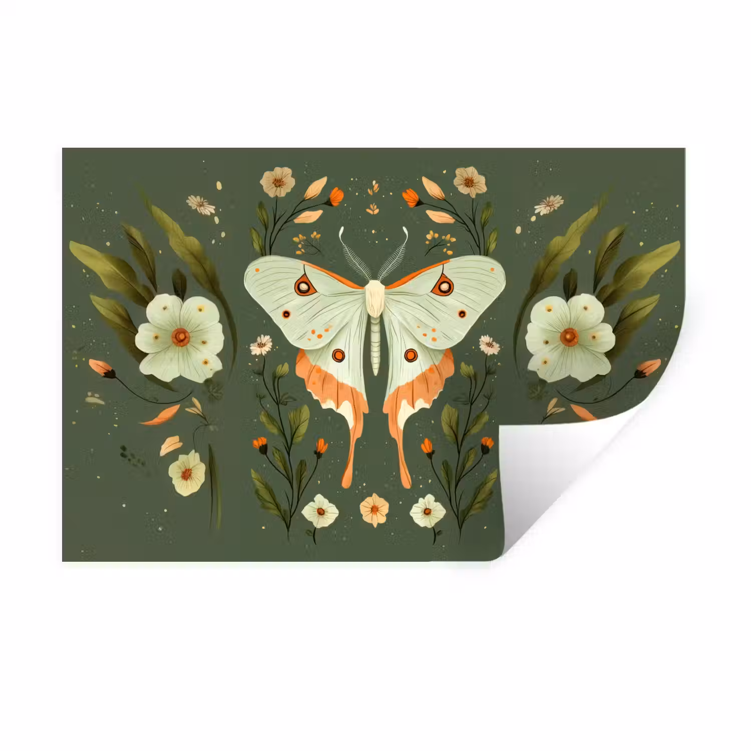 Bloemen - Bladeren - Olijfgroen - Vlinder Muursticker klein -3d
