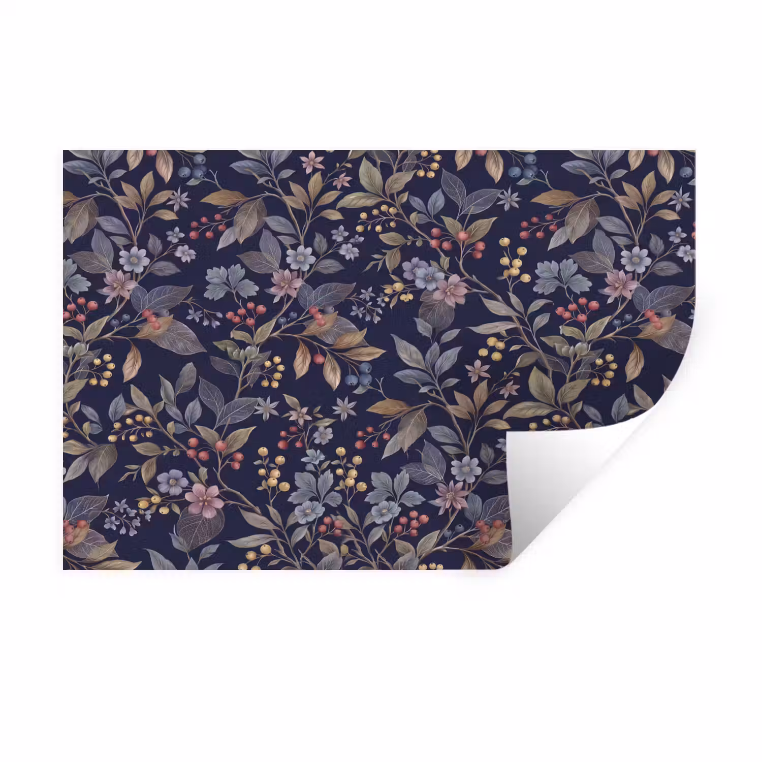 Bloemen - Bladeren - Patroon - Botanisch - Donkerblauw Muursticker klein -3d