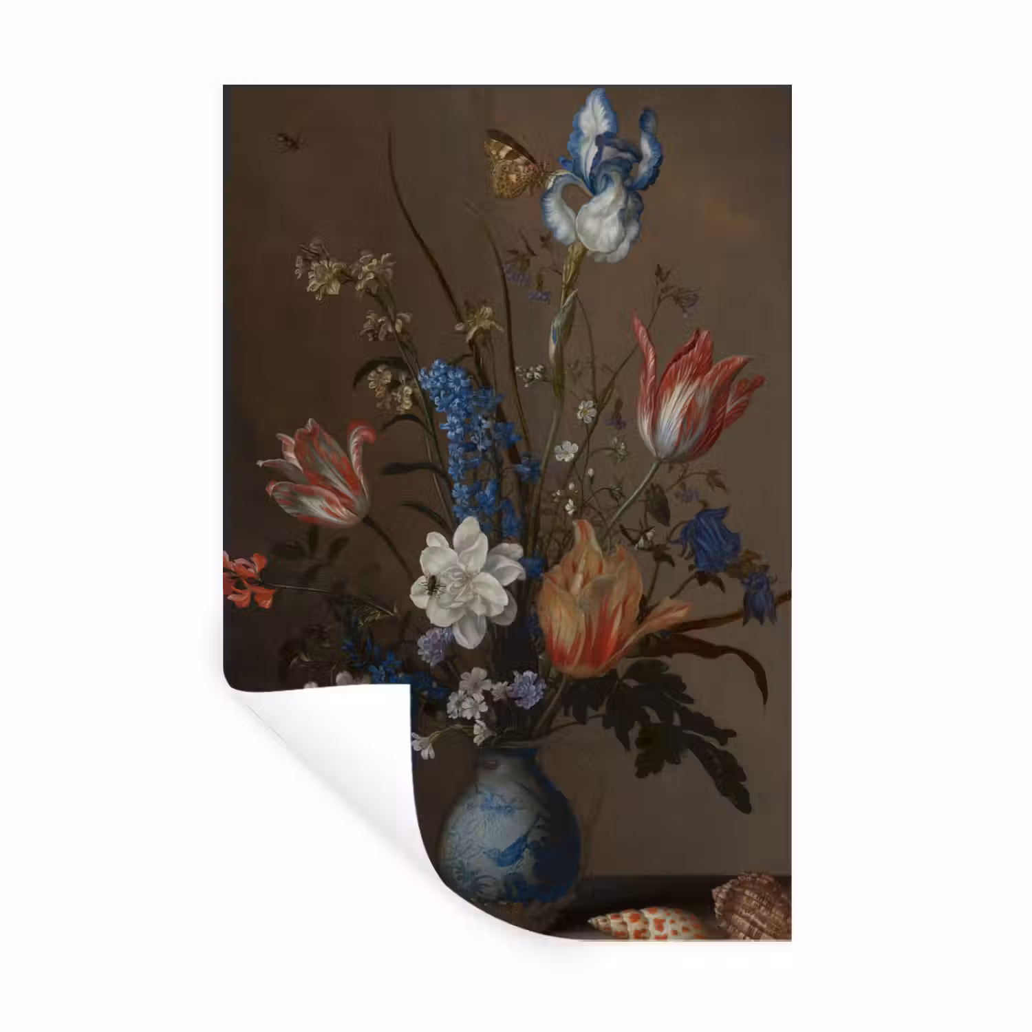 Bloemen in een Wan-Li vaas en schelpen - Schilderij van Balthasar van der Ast Muursticker klein -3d