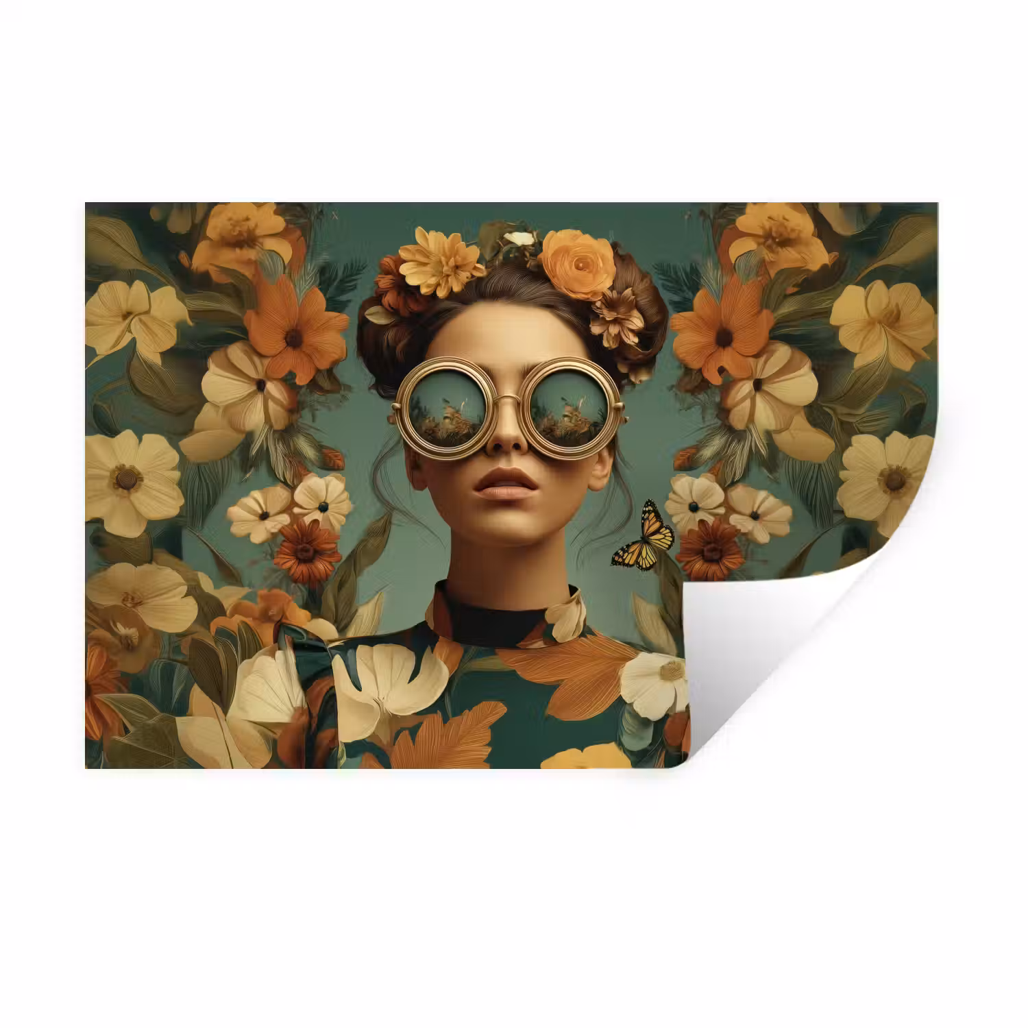 Bloemenkrans - Vrouwengezicht - Zonnebril - Oranje Muursticker klein -3d