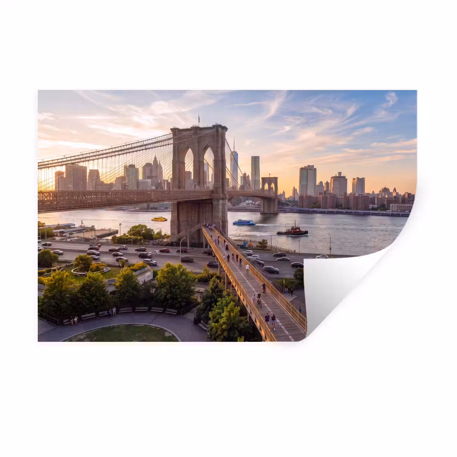 Brug - Rivier - Stad - Zonsondergang - Architectuur Muursticker klein -3d