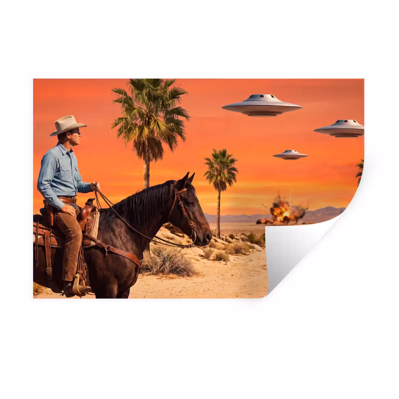 Muursticker - Cowboy - Paard - Woestijn - Cowboy - Paard - Woestijn Muursticker klein