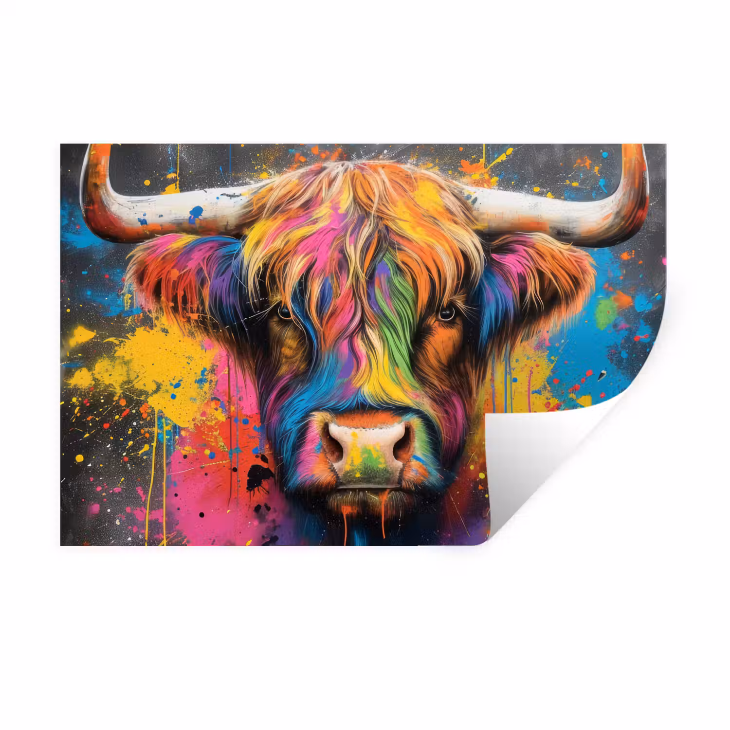 Graffiti - Schotse hooglander - Koe - Kleurrijk Muursticker klein -3d