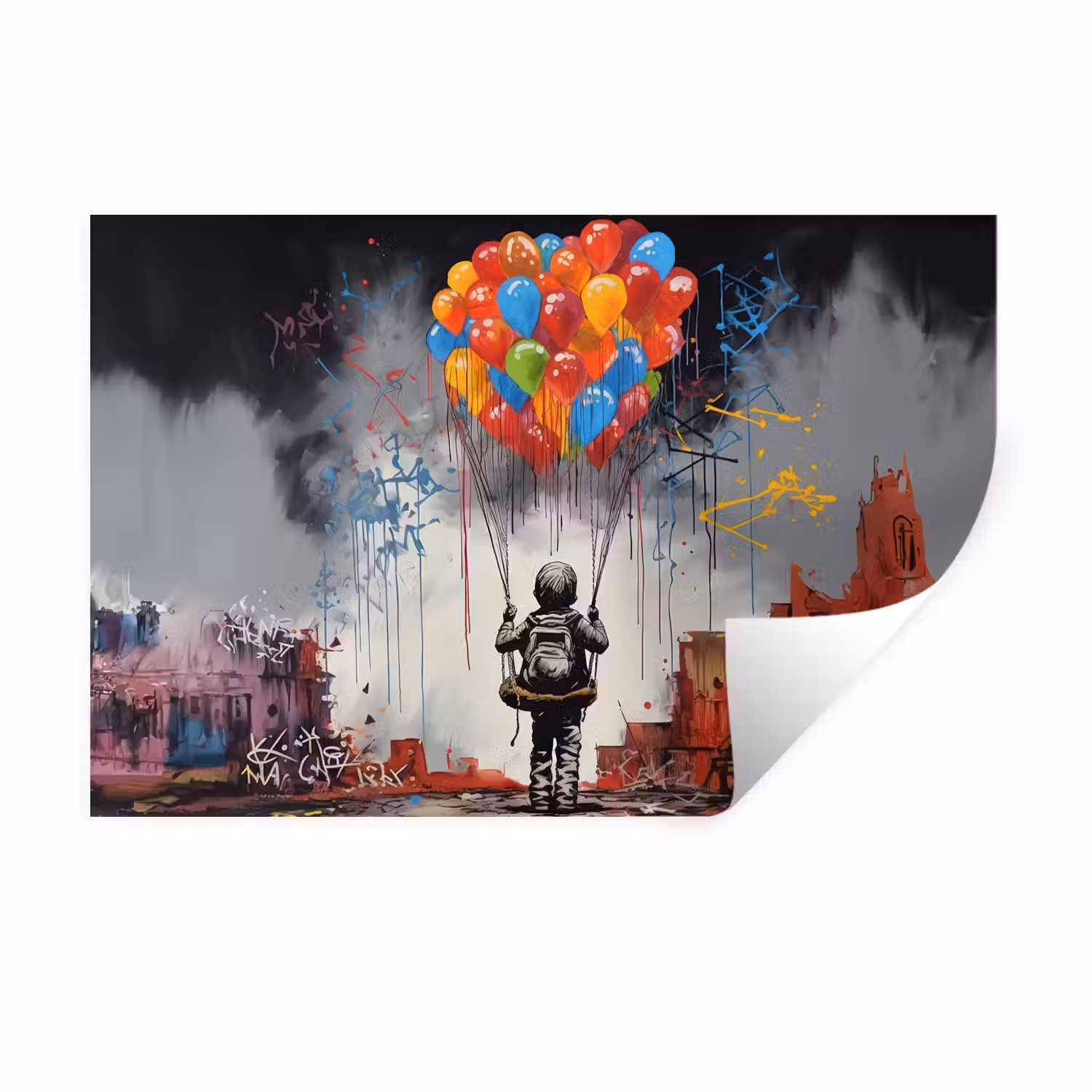 Jongen - Ballonnen - Gebouwen - Kunst Muursticker klein -3d