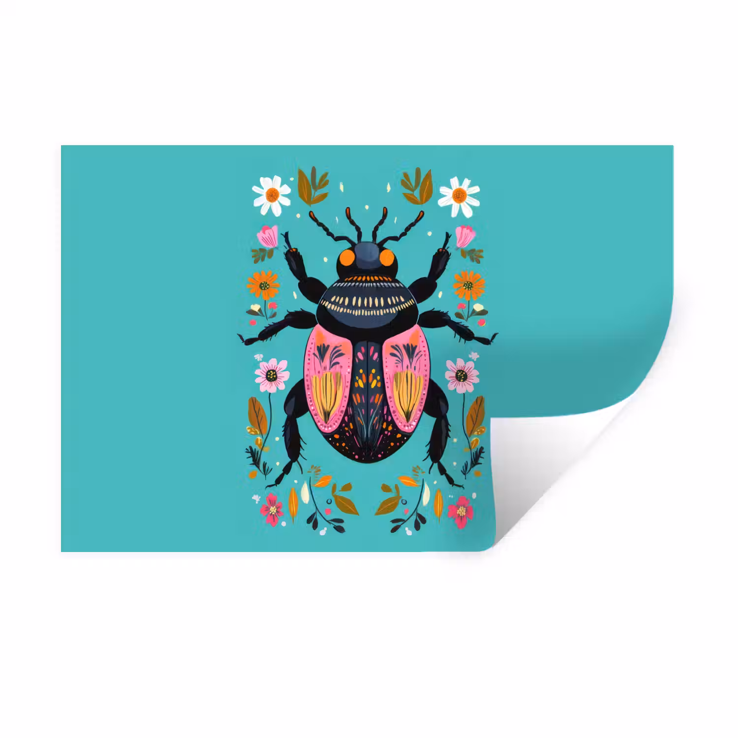 Kever - Bloemmotieven - Turquoise - Bladeren Muursticker klein -3d
