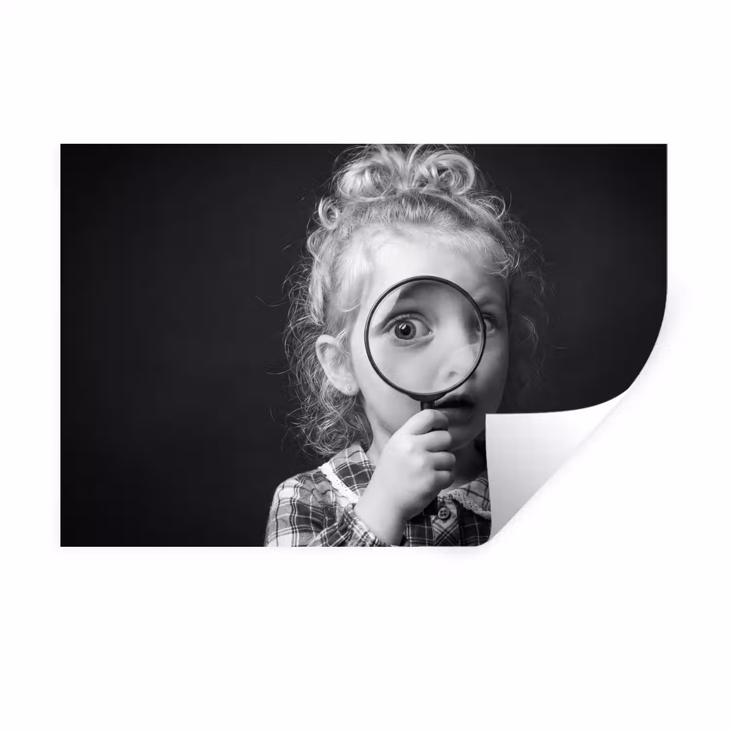 Kind - Vergrootglas - Portret - Zwart-wit Muursticker klein -3d