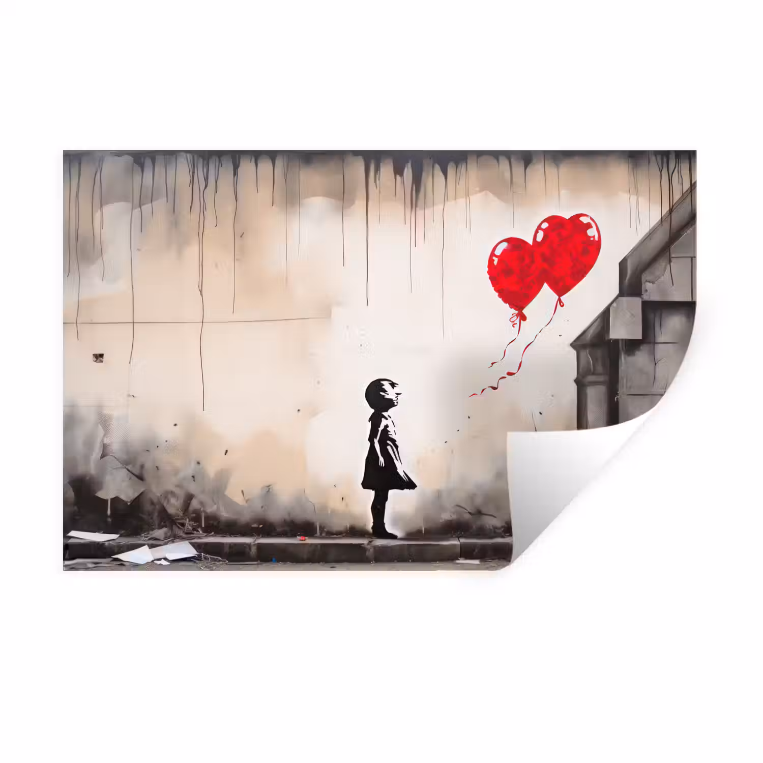 Kunst - Meisje - Ballonnen - Hart - Grijs Muursticker klein -3d