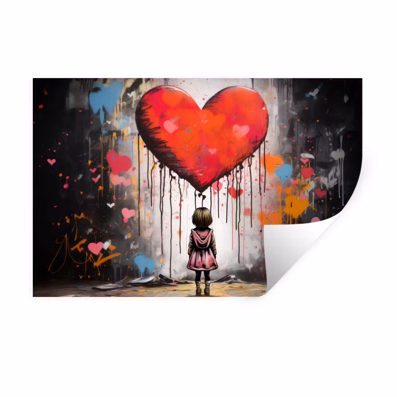 Meisje - Hart - Graffiti - Kunst - Kleuren - Rood Muursticker klein -3d