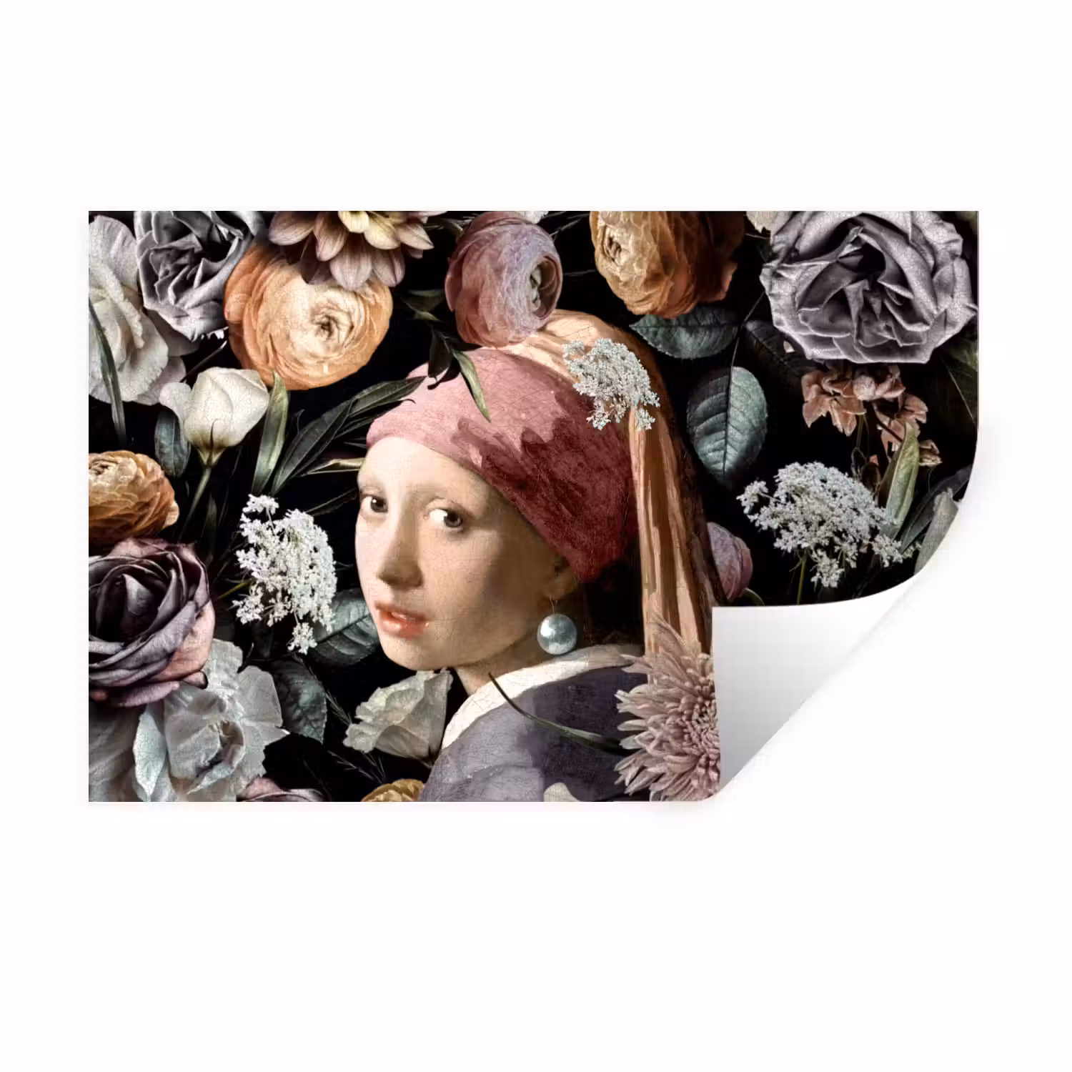 Meisje met de parel - Bloemen - Vermeer - Pastel - Kunstwerk - Schilderij - Oude meesters Muursticker klein -3d