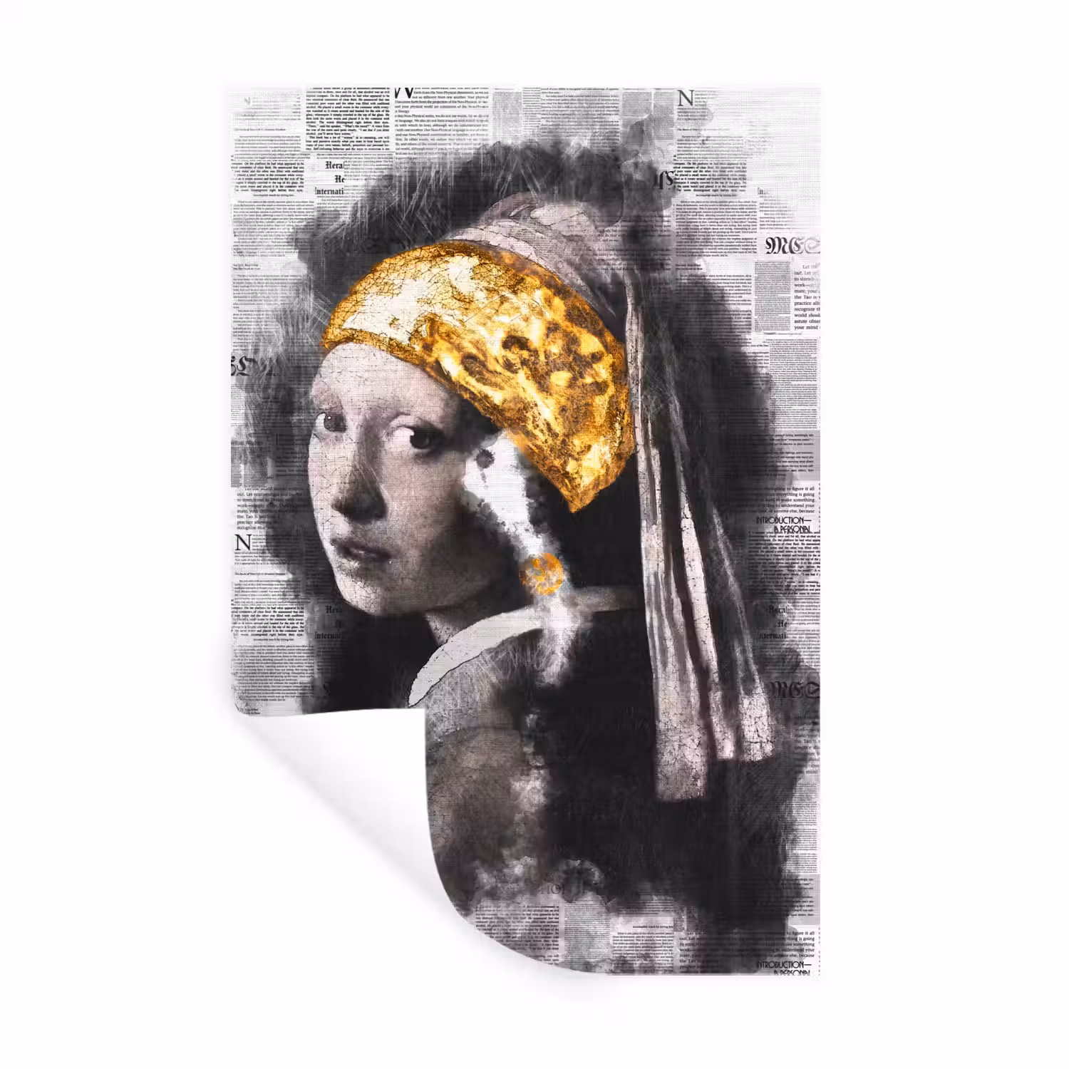 Meisje met de parel - Johannes Vermeer - Krant - Goud Muursticker klein -3d