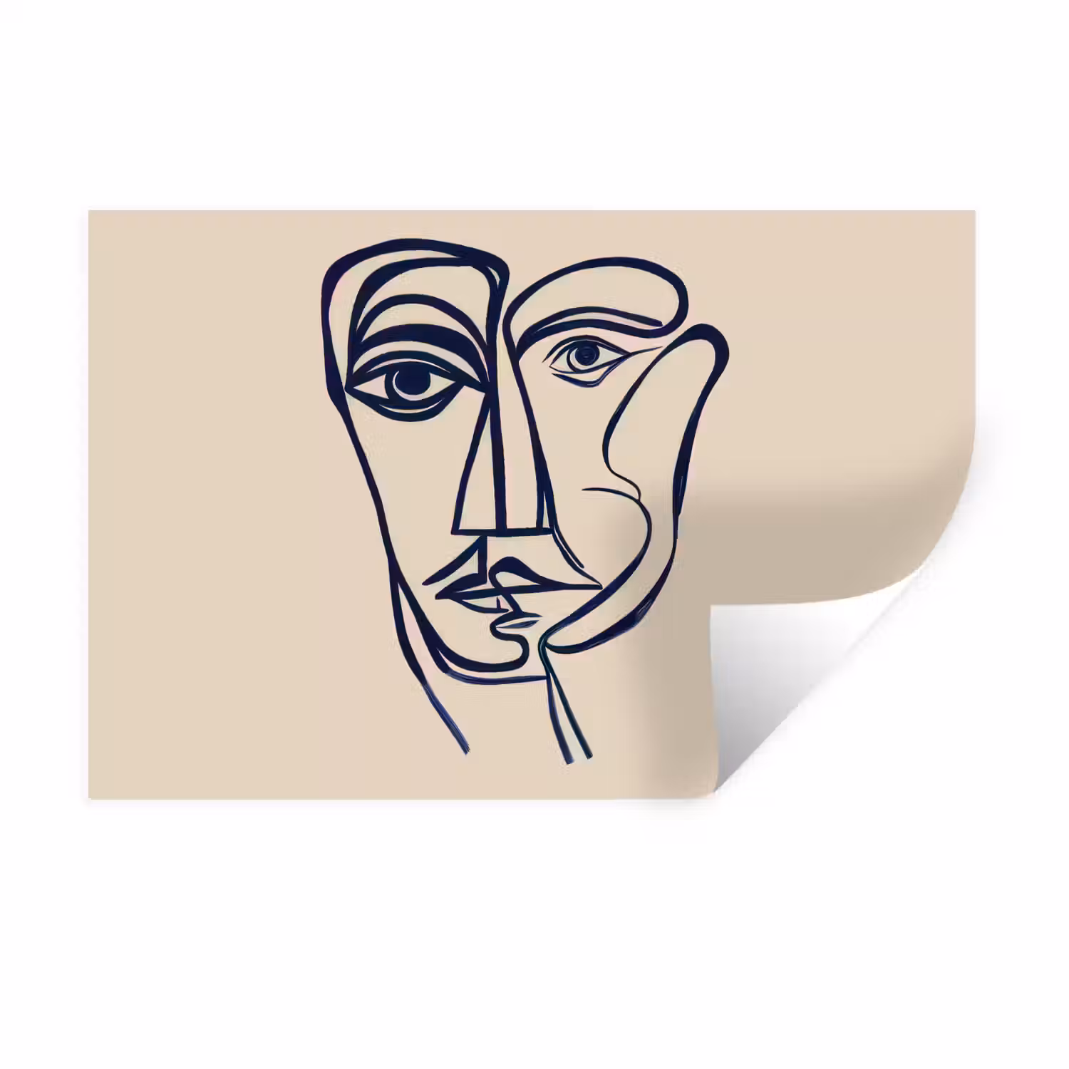 Minimalistisch - Lijnillustratie - Beige - Donkerblauw Muursticker klein -3d