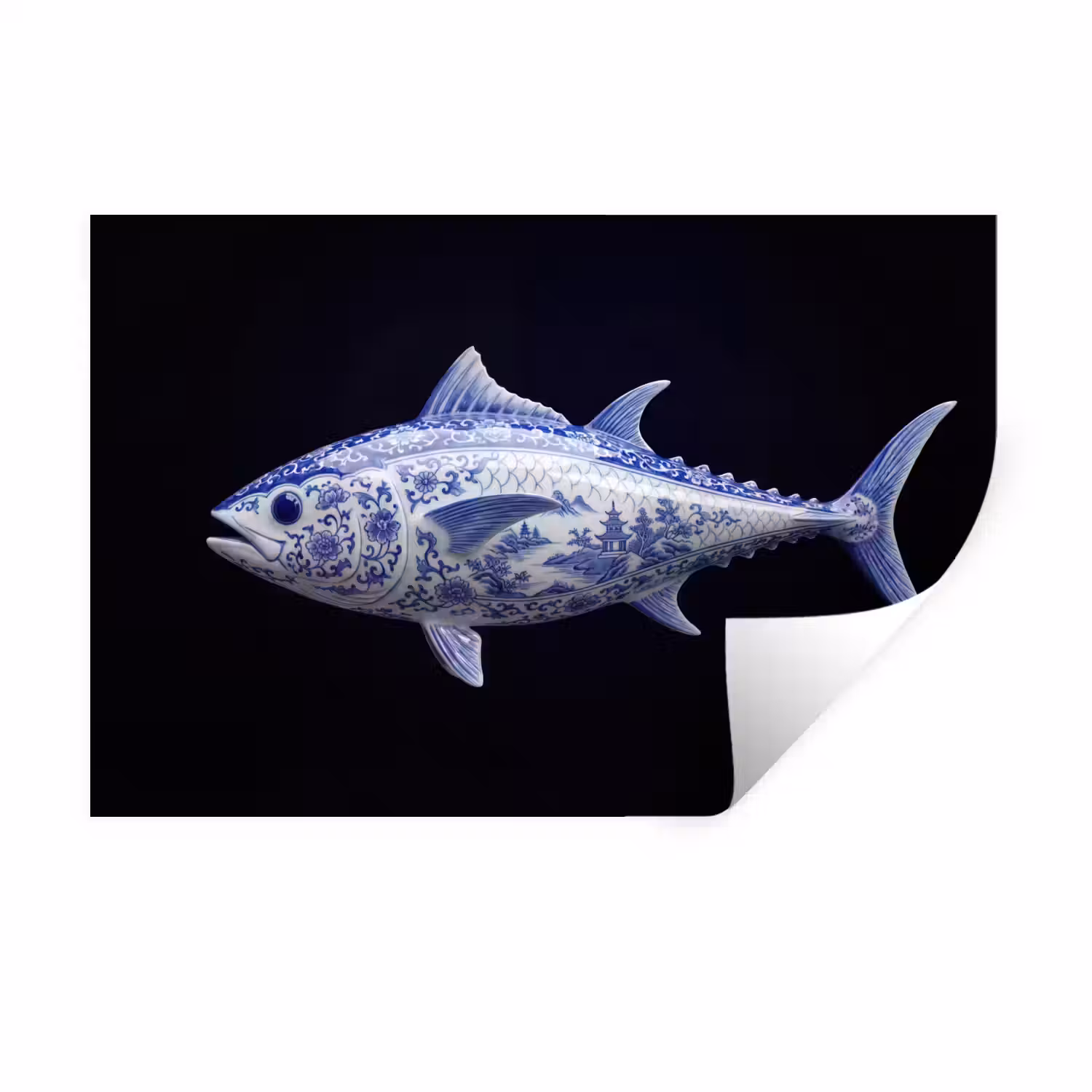 Porselein - Tonijn - Delfts - Blauw Muursticker klein -3d
