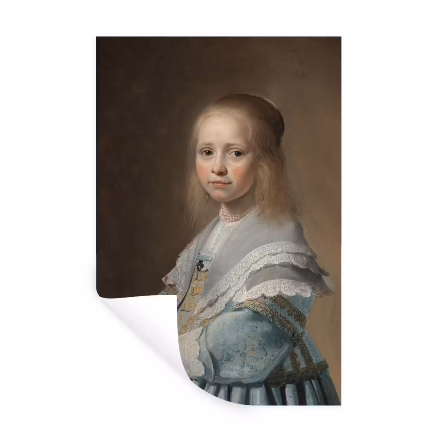 Portret van een meisje in het blauw - Schilderij van Johannes Cornelisz. Verspronck Muursticker klein -3d