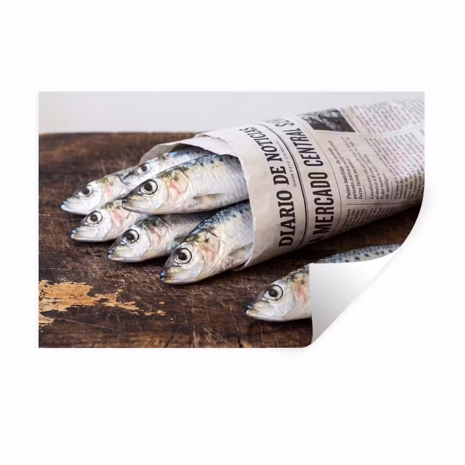 Muursticker - Sardientje - krant - snijplank - Sardientje - krant - snijplank Muursticker klein