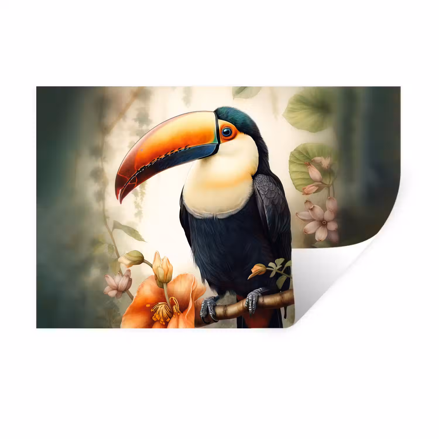 Toekan - Vogel - Bloemen - Planten Muursticker klein -3d