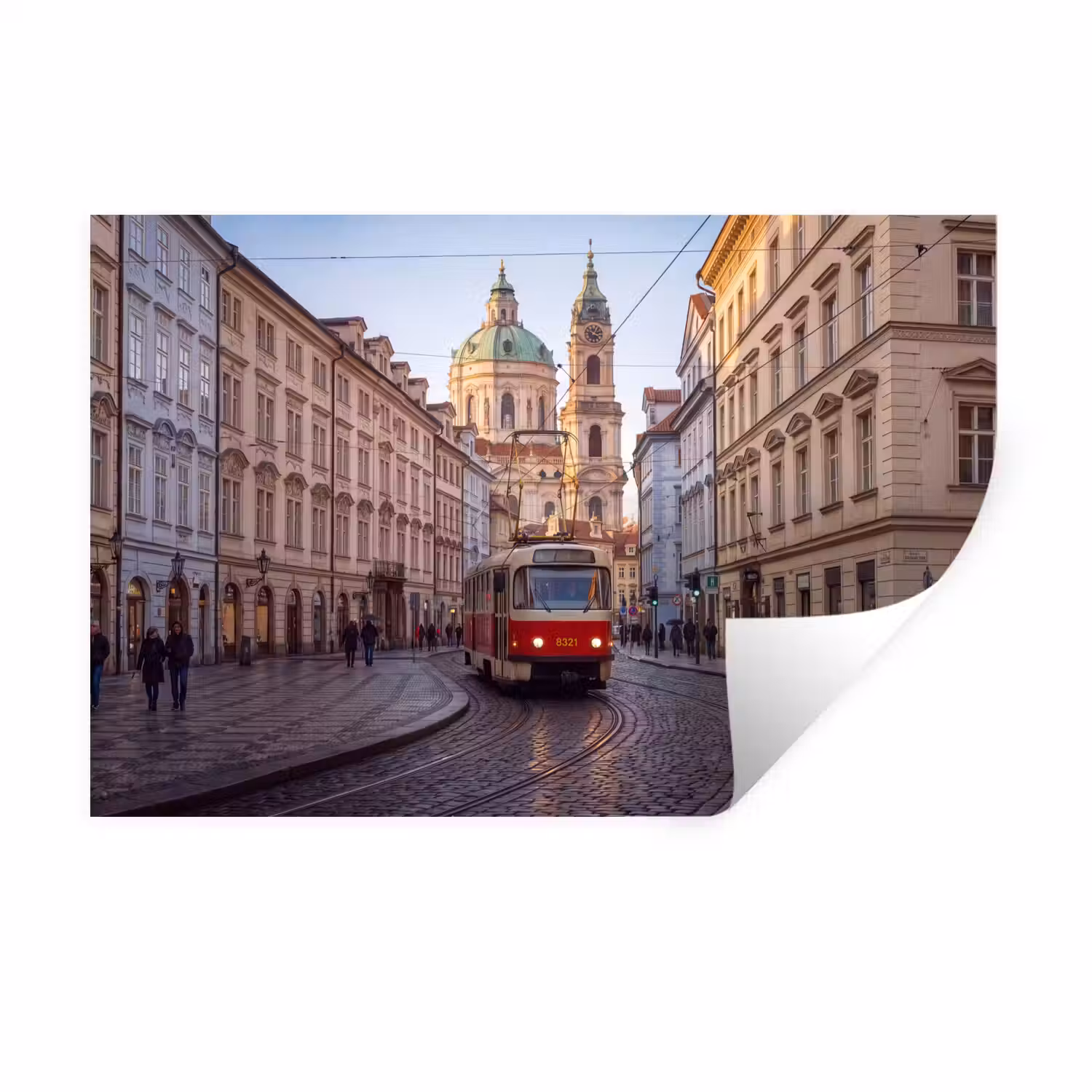 Tram - Straat - Stadsgezicht - Klassiek - Rood Muursticker klein -3d