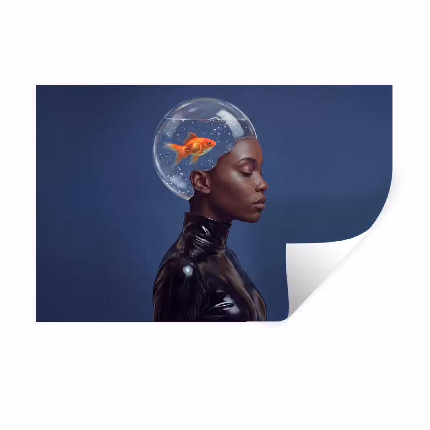 Vrouw - Goudvis - Hoofd - Abstract - Blauw Muursticker klein -3d