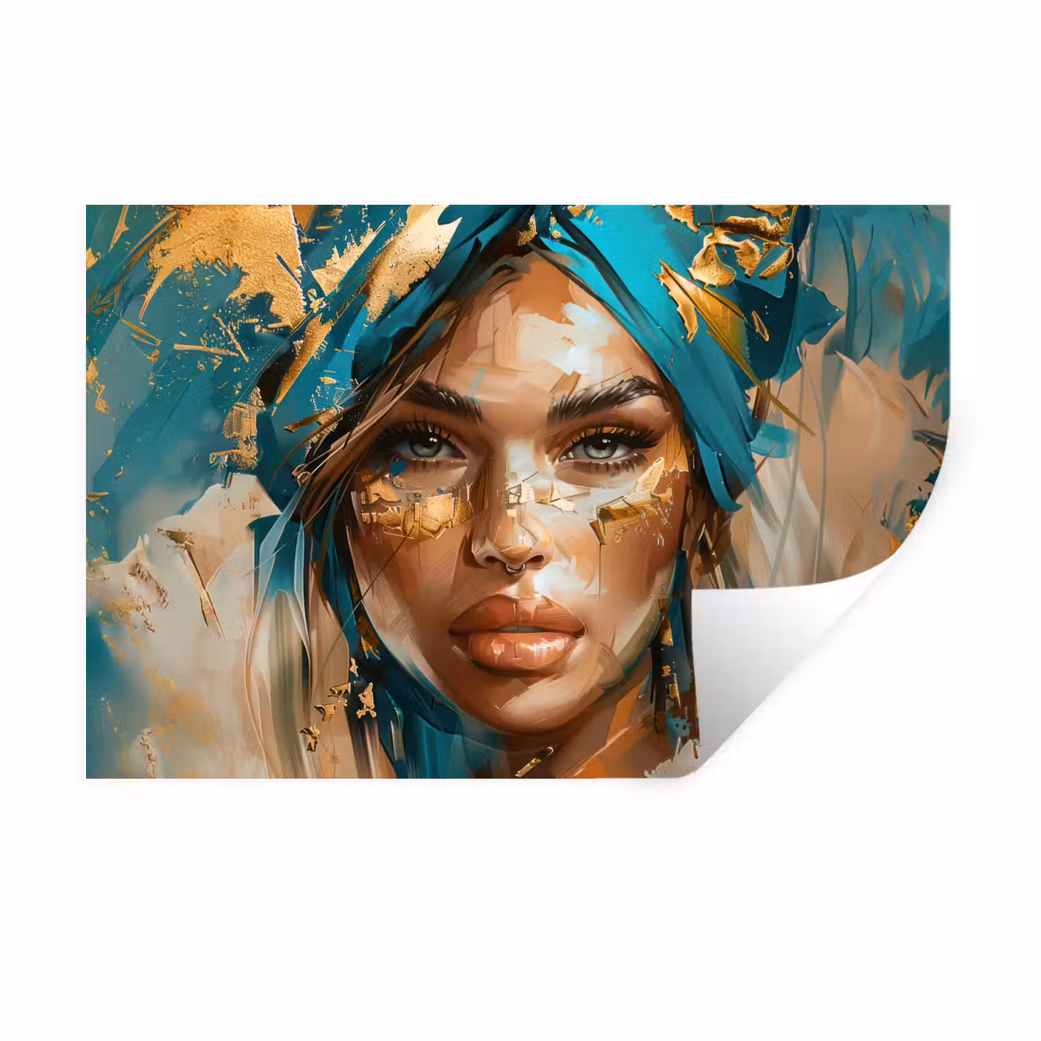 Vrouw - Portret - Goud - Luxe - Blauw Muursticker klein -3d