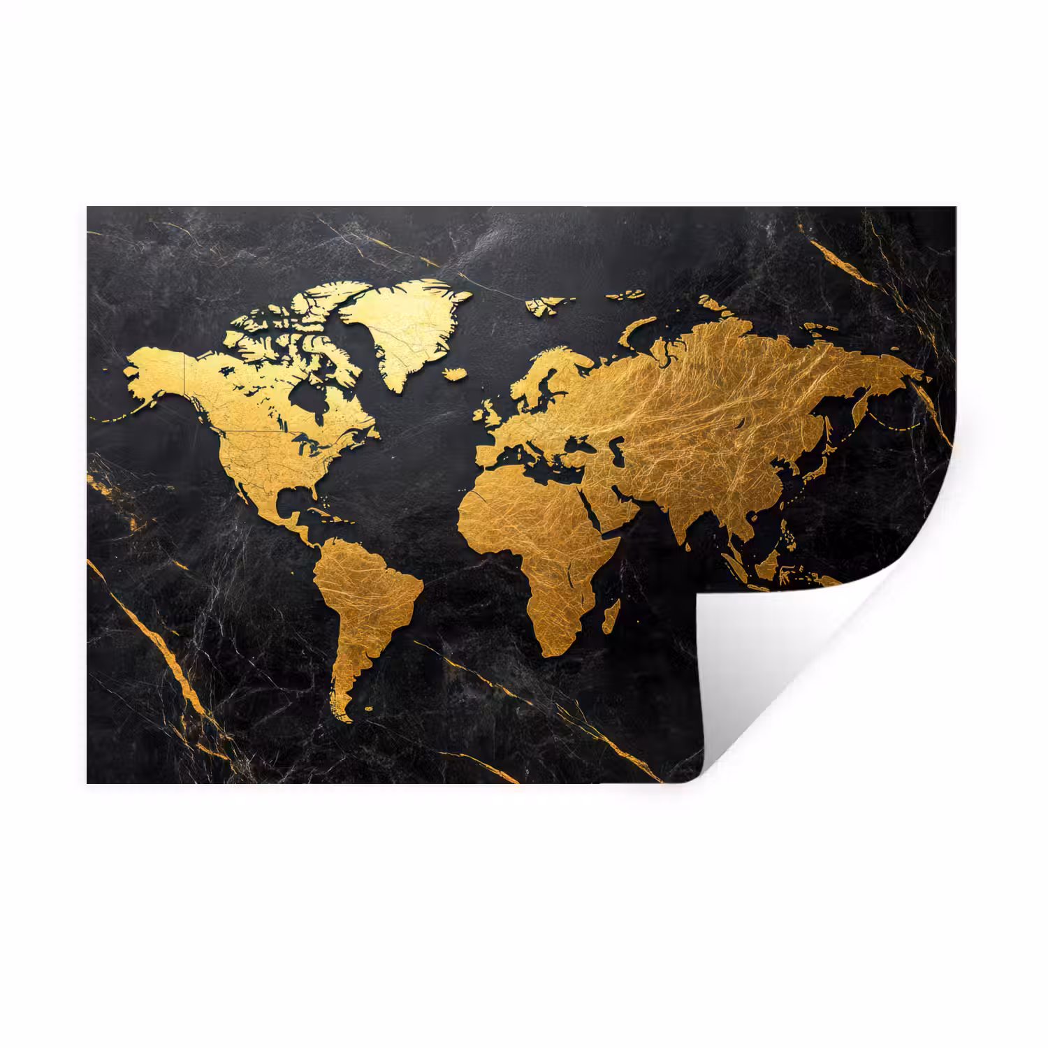 Wereldkaart - Goud - Marmer Muursticker klein -3d