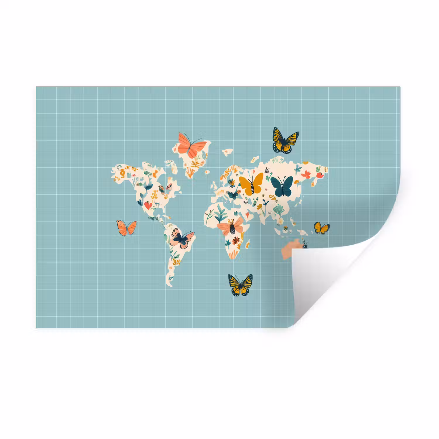 Wereldkaart - Vlinders - Dromerig Muursticker klein -3d