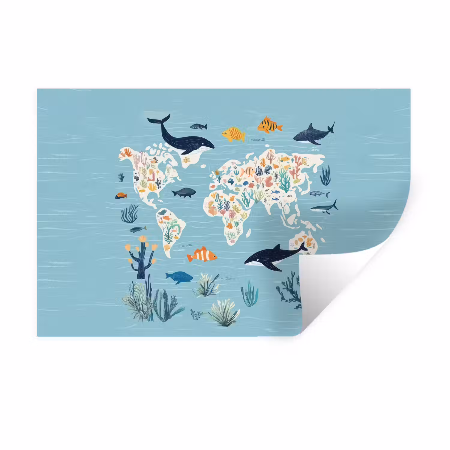 Wereldkaart - Zeeleven - Blauw Muursticker klein -3d