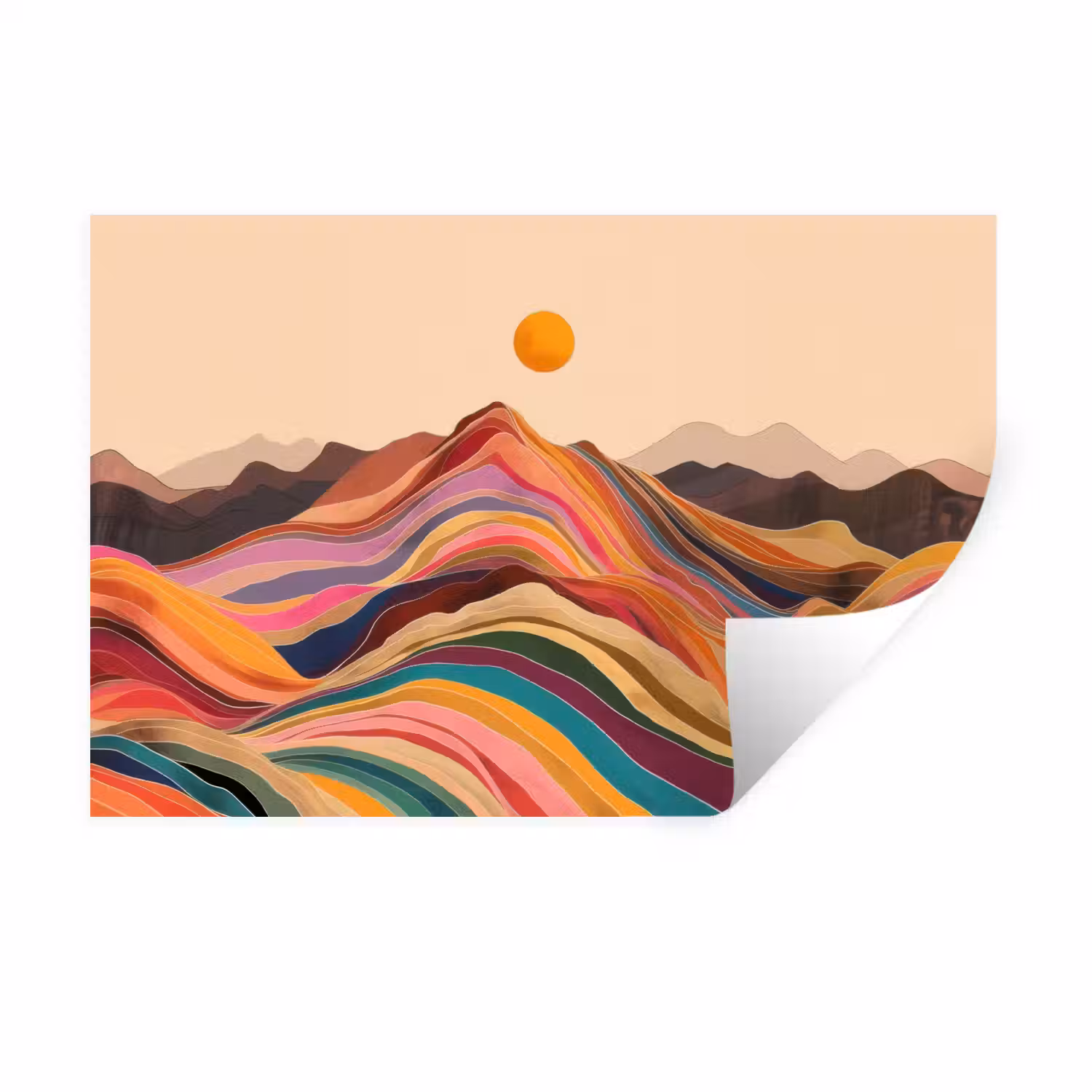 Zon - Kleurrijk landschap - Bergen Muursticker klein -3d