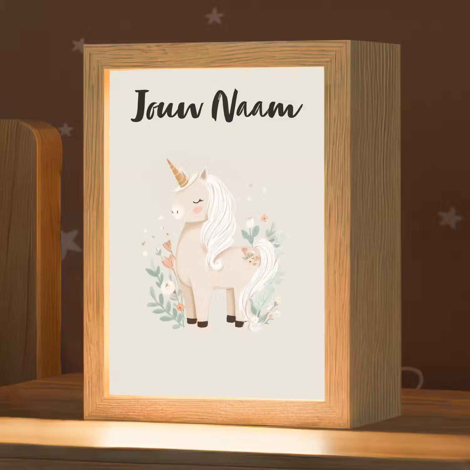 Beige - Eenhoorn - Minimalistisch - Bloemen Light Box met kabel (Kinderlampje) klein -zzz_3d_website
