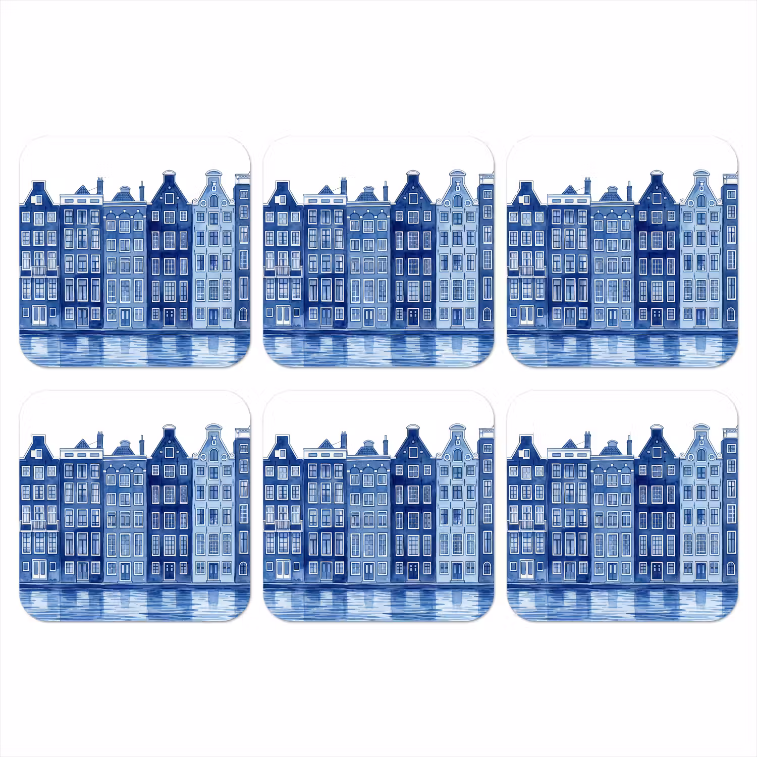 Aquarel - Grachtenpanden - Delfts - Blauw onderzetter kurk middel -3d