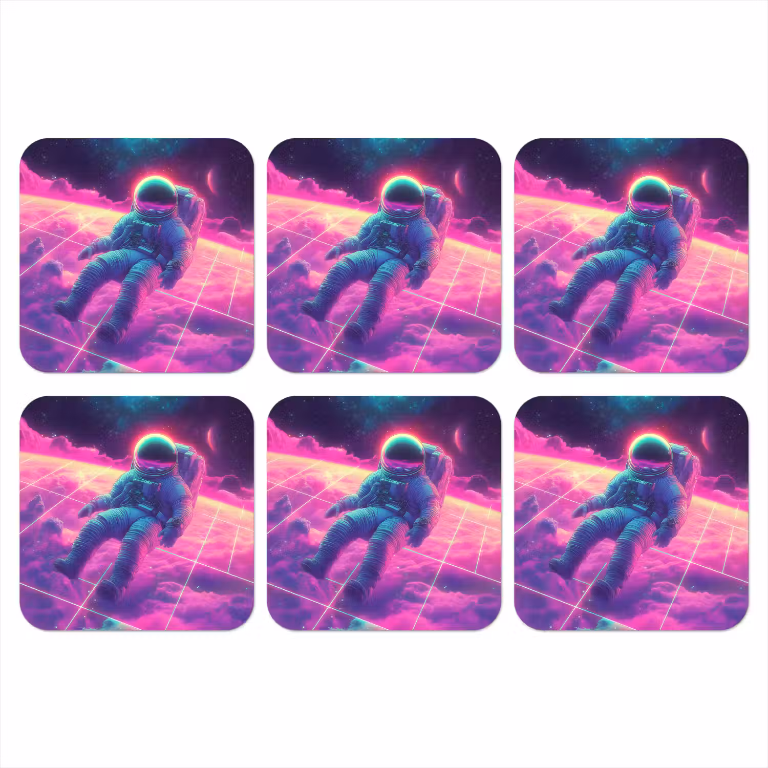 Astronaut - Neon - Roze - Wolken onderzetter kurk middel -3d